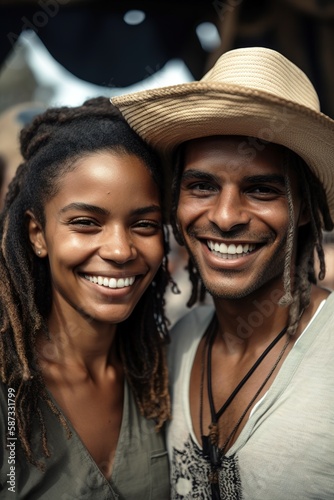 Mixed race hippie couple looking at camera and smiling. Generative AI vertical shot © Pajaros Volando