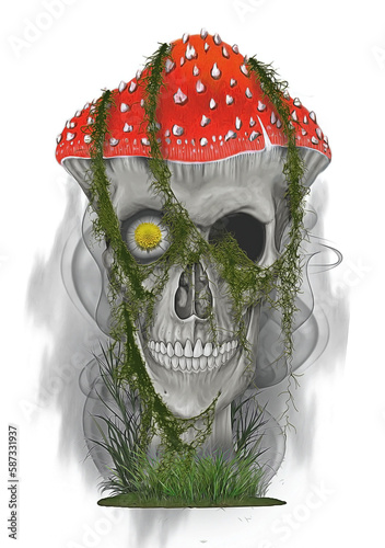 Poison mushroom and skull. Terrible nature