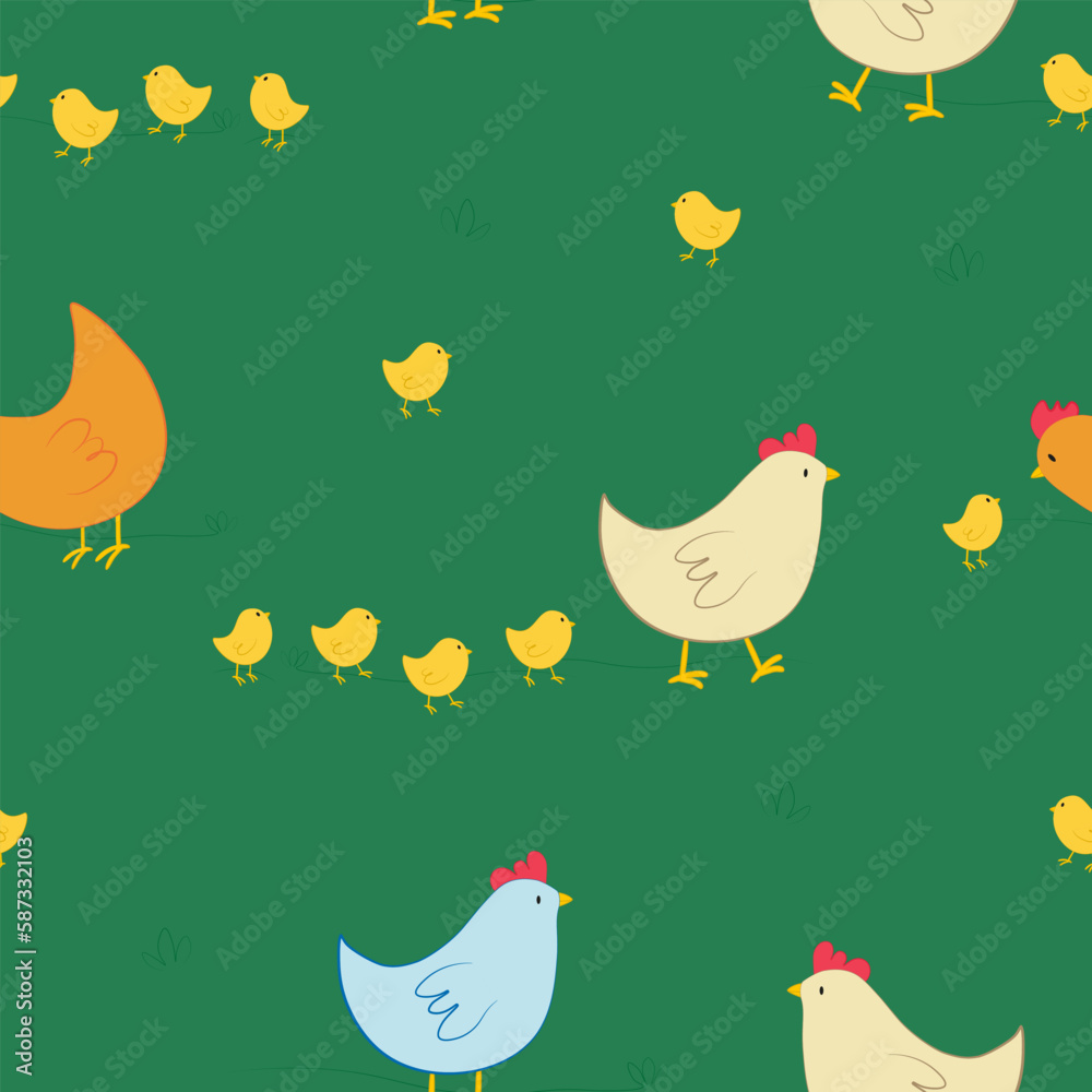 Obraz premium Vector seamless pattern with chickens and chicks characters in cartoon style on green grass. Vector seamless background with farm poultries