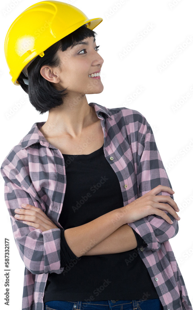 Female architect standing with arms crossed against white background Female architect standing with arms crossed against white background