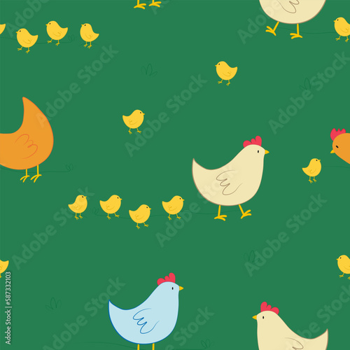 Vector seamless pattern with chickens and chicks characters in cartoon style on green grass. Vector seamless background with farm poultries photo