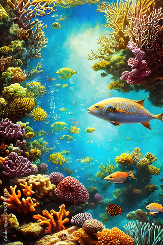 Fototapeta Naklejka Na Ścianę i Meble -  Coral reef underwater illustration, beautiful undersea coral reef background. Generative Ai.
