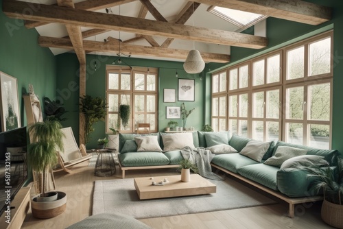 White and green japandi living room. Fabric couch  beams ceiling  window  and decors. Farmhouse decor . Generative AI