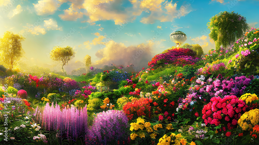 Paradise garden full of flowers, beautiful idyllic  background with many flowers in eden. Generative Ai. 