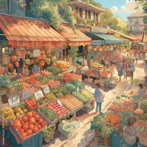 Bustling farmers market with fresh produce