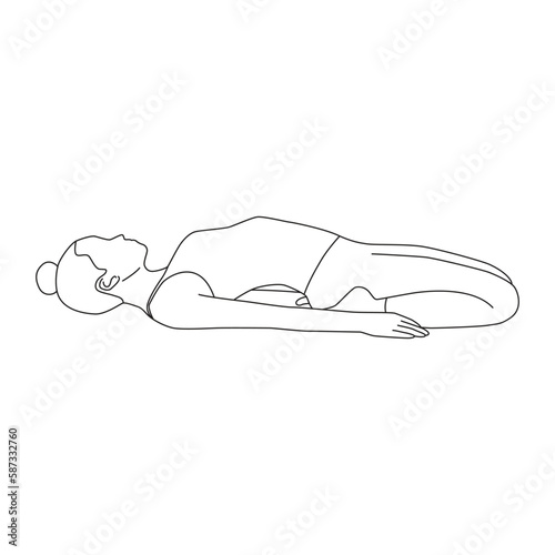Line art of woman doing Yoga in reclining hero pose vector.