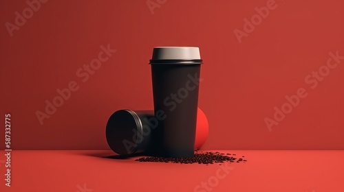 Blank Brown disposable paper coffee cup with plastic lid mock-up isolated,Bright red background. Empty polystyrene coffee drinking mug mockup front view. Clear plain tea take away package, cofe 
