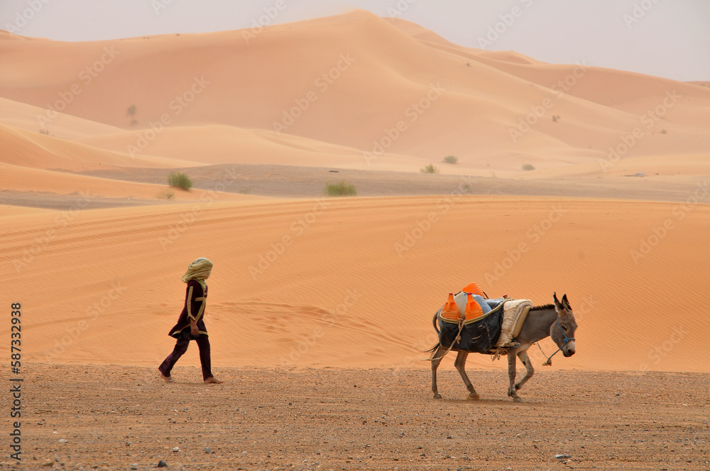 Campesina con burro en el desierto de Erg Chebbi en Marruecos