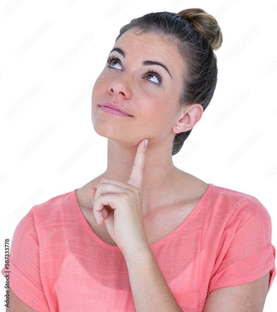Thoughtful pretty casual brunette standing with hand on chin Thoughtful pretty casual brunette standing with hand on chin