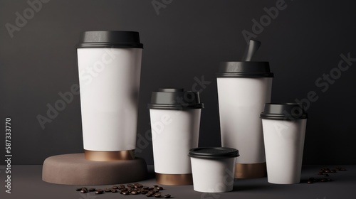 Blank white disposable paper coffee cup with plastic lid mock-up isolated,black background. Empty polystyrene coffee drinking mug mockup front view. Clear plain tea take away package, cofe  photo