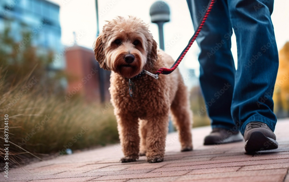 Cute poodle walking on a leash in the city. Photographic style image created with generative artificial intelligence. Cute poodle walking on a leash in the city. Photographic style image created with generative artificial intelligence.