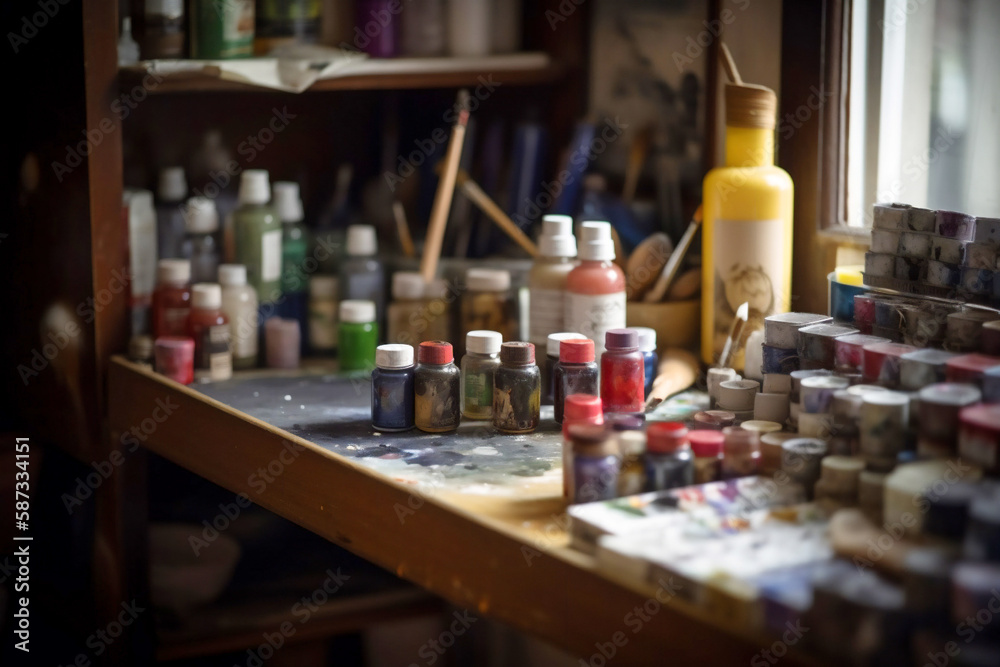 A painter's studio with paints and brushes. Photo-style image created with generative AI.