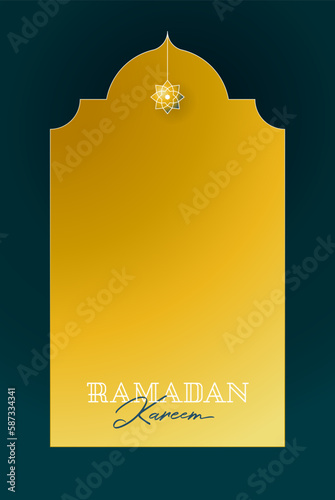Vector Ramadan Kareem premade card. Golden vintage banner with shining lantern for yours Ramadan wishing. Place for greeting text. Islamic background