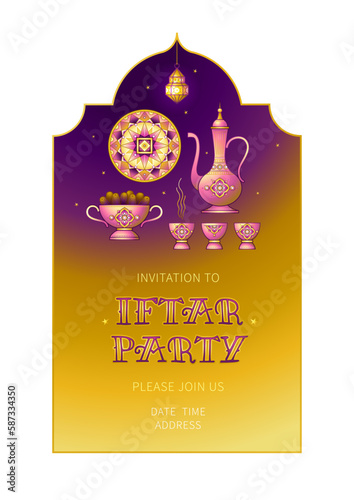 Vector illustration for Iftar party celebration. Gold card with lantern, arabic coffee mug, hookah, stars, arch. Invitation for Muslim feast of the holy of Ramadan month.