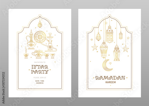 Vector Ramadan Kareem card and Iftar party invitation. Gold cards with lanterns, arabic coffee mug, stars, arch. Ramadan wishing. Arabic lamps.
