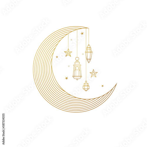 Vector Ramadan Kareem card. Golden vintage banner with gold crescent and lanterns for Ramadan wishing. Arabic illustration. Islamic background.
