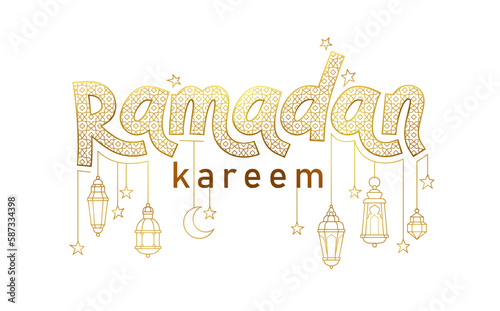Vector Ramadan Kareem card. Vintage gold banner with lettering, stars, lanterns for Ramadan wishing. Arabic lamps. Islamic background.  Illustration.