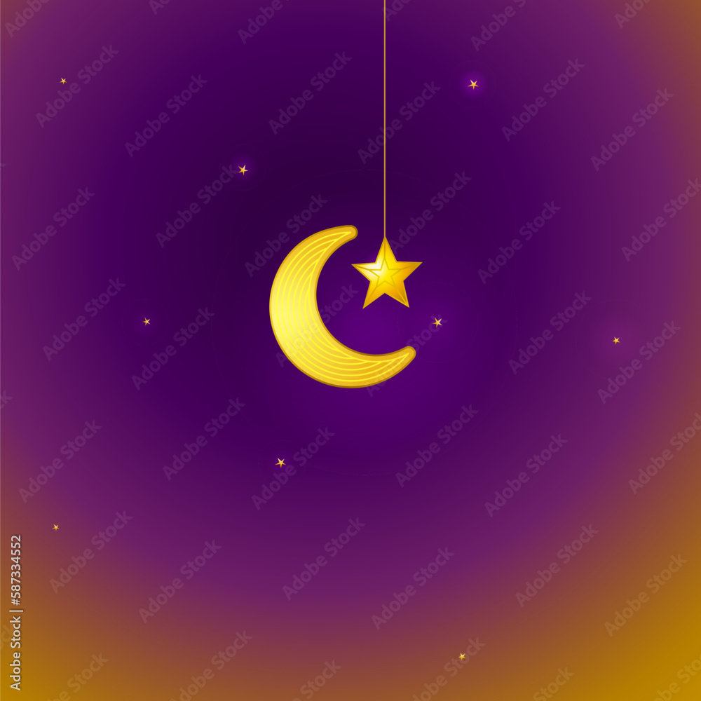Vector Ramadan Kareem card. Golden vintage banner with gold crescent and star for Ramadan wishing. Arabic illustration. Islamic background.