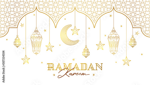 Vector Ramadan Kareem card. Golden vintage banner with  lanterns, stars, crescent for Ramadan wishing. Arabic lamps. Islamic background. Illustration.