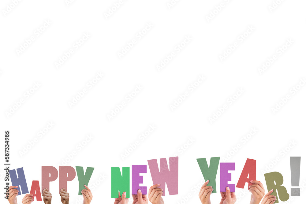 Colorful alphabet spelling happy new year held up by people Colorful alphabet spelling happy new year held up by people
