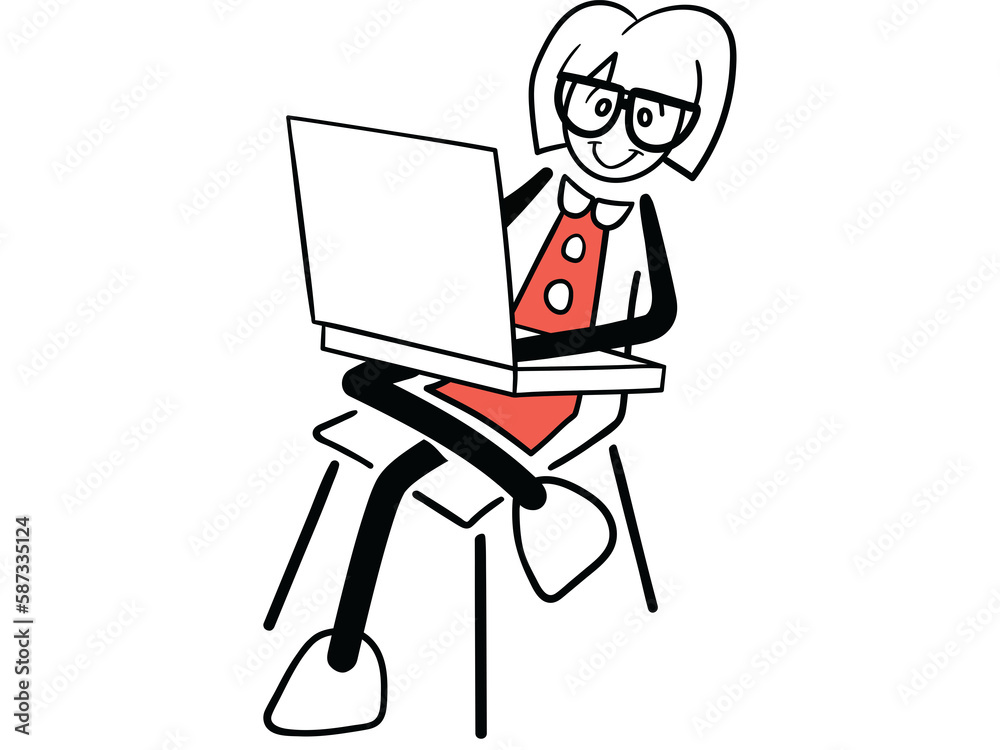 Female cartoon sitting on chair using laptop