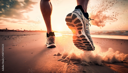 close up legs runner running on sunrise seaside trail, AI generative