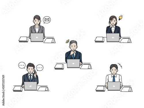 パソコン作業する会社員の男女のイラストセット