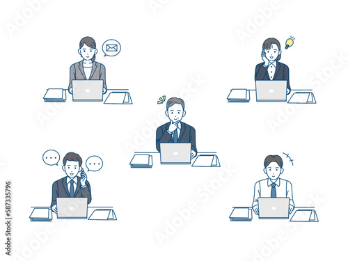 パソコン作業する会社員の男女のイラストセット