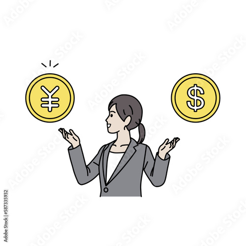 通貨、円を勧めるスーツ姿の女性　ビジネスウーマン