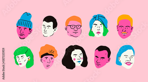 Various portraits of men and women. Diverse stylish people. Trendy modern art. Cartoon, minimal, abstract contemporary style. Avatar, icon, poster, logo templates. Hand drawn Vector illustration set