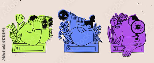 Set of people with binoculars, magnifying glass on search bar with flowers. Searching, finding, web surfing, looking for oportunities concept. Hand drawn Vector illustration. Isolated design elements
