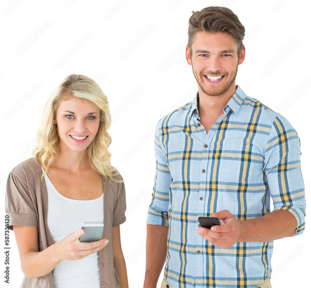 Attractive couple using their smartphones