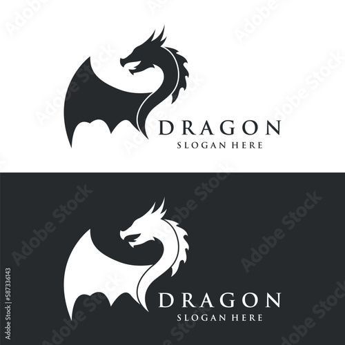 Logo template of fire dragon head and wings isolated background.