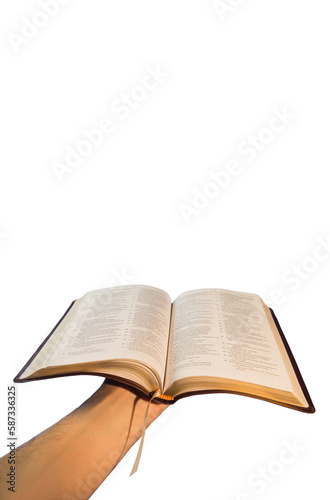 Hand holding bible against white background