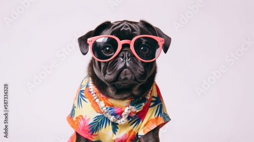 Black pug in a hawaiian shirt and wearing sunglasses. Generative AI.