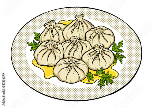Fototapeta Naklejka Na Ścianę i Meble -  Khinkali food pop art PNG illustration with transparent background