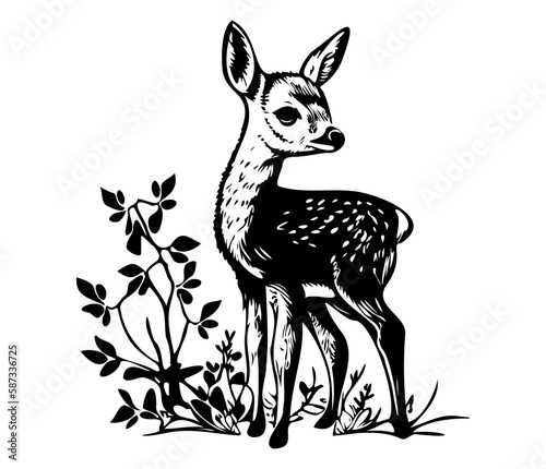 illustration of young deer, Baby deer icon Black and white