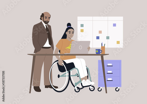Inclusive workspace environment, A senior manager supervising an intern in the office