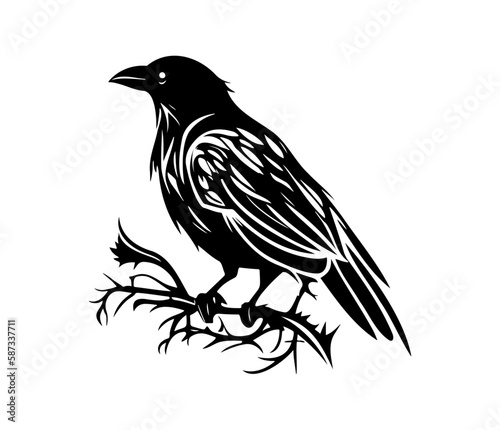 Black birds Raven, crow, rook or jackdaw. Vector illustration in retro style.