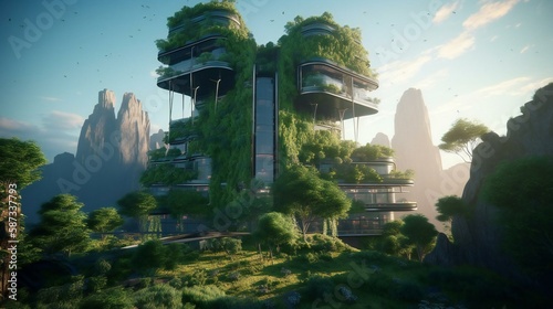 Step into a new world with a vision of sustainable living that blends cutting-edge technology and green energy Created using generative AI.