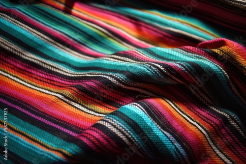 Mexican blanket, bright color stripe pattern, ethnic fabric, Cinco de Mayo decoration. Colorful fabric background. Generative AI