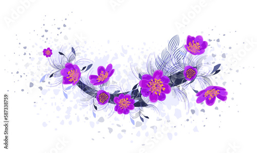 Floral abstract object with purple flowers. Vector illustration