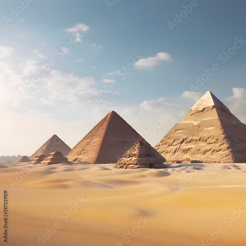  Egyptian pyramids in sunny created with Generative AI technology. © Vahram