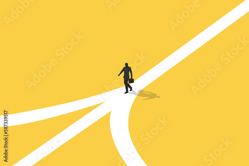 Confusing businessman looking at multiple road and thinking which way to go. Business decision making, career path, work direction or choose the right way to success concept photo