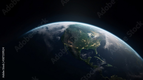 Nightly Planet Earth in dark outer space. Civilization. Elements of this image furnished by NASA. Generative AI.