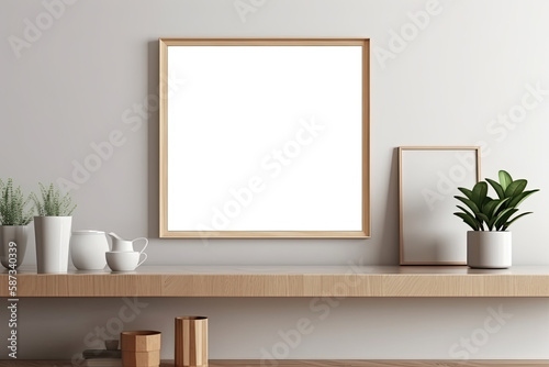 Empty picture frame mockup on wooden desk, table. Scandinavian interior design. Ai generative