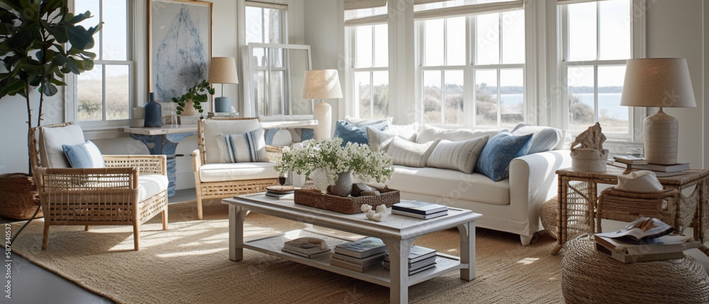 A serene coastal living room with beachy accents, woven rattan ...