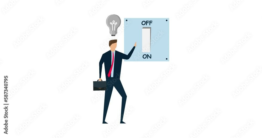 4k animation of New business ideas, smart businessman in suit switching on the switch to turn on light bulb lamp over his head metaphor of discover new idea. 4k animation of New business ideas, smart businessman in suit switching on the switch to turn on light bulb lamp over his head metaphor of discover new idea.