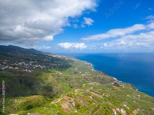 Aerial View at Green Volcanic Hills near Los Sauces at La Palma Island, Canary Islands, Spain. 