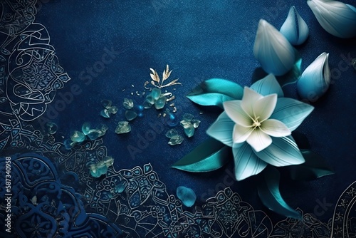 delicate blue and white flower set against a serene blue background. Generative AI